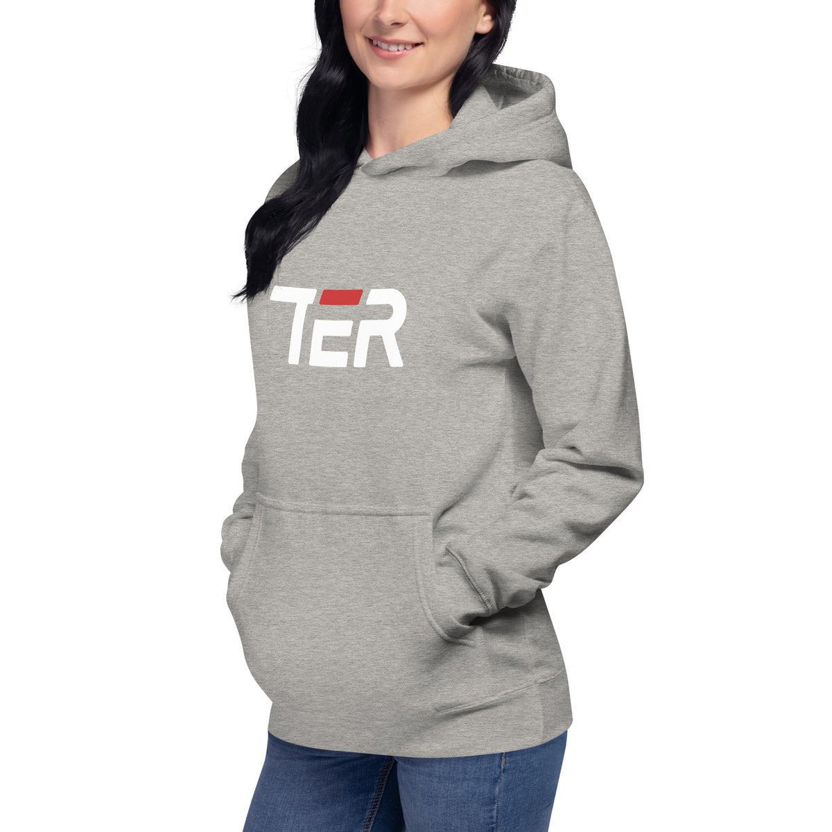 A woman wearing a heather gray pullover hoodie with a white and red 'TER' graphic on the chest, paired with blue jeans, shown against a plain white background.