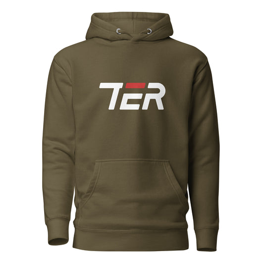 Military green hoodie with a lion graphic and text on a white background