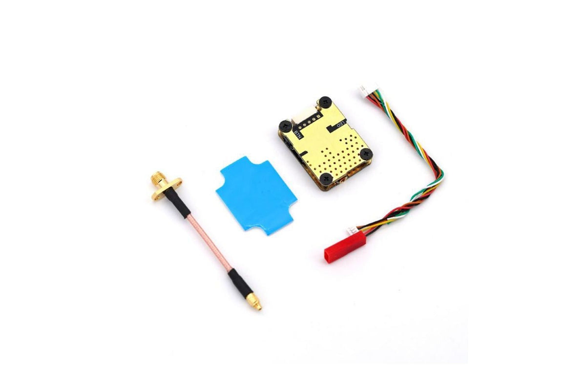 A small electronic component kit on a white background, including a gold circuit board, a blue rectangular piece, a pink-and-gold antenna-like probe, and a multicolor wire with a red connector.