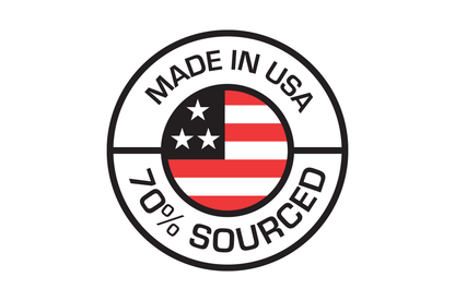 A circular badge with the text 'MADE IN USA' at the top and '70% SOURCED' at the bottom, featuring a stylized American flag in the center on a white background.