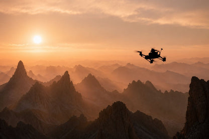 A drone flying in silhouette over layered mountain ridges at sunset, with a glowing sun and warm orange sky.