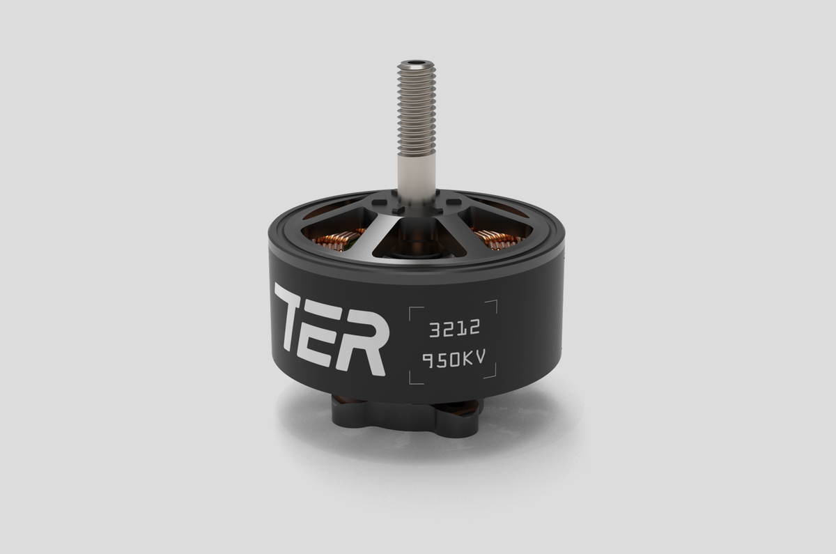 A black cylindrical brushless motor with a silver threaded shaft, copper windings, and white printed text reading 'TER 3212 950KV' on a light gray background.