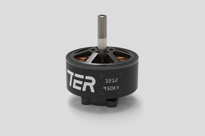 A black cylindrical brushless motor with a silver threaded shaft, copper windings, and white printed text reading 'TER 3212 950KV' on a light gray background.