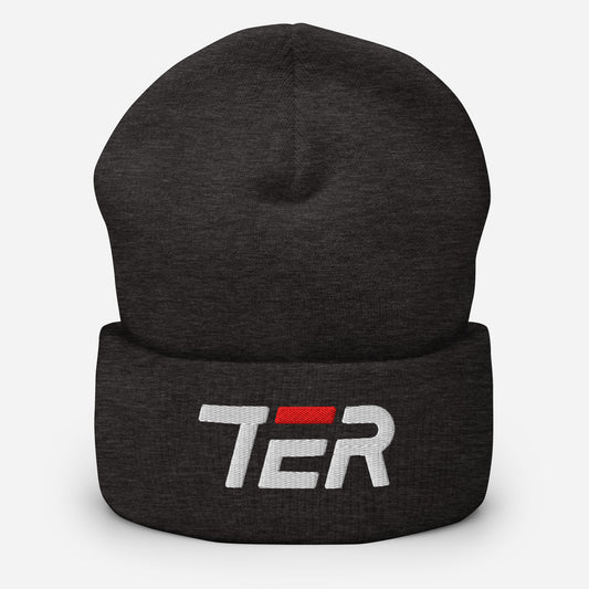 A dark heather gray knit beanie hat with a folded cuff, featuring a white embroidered 'TER' logo with a red accent bar on the front, set against a plain light gray background.