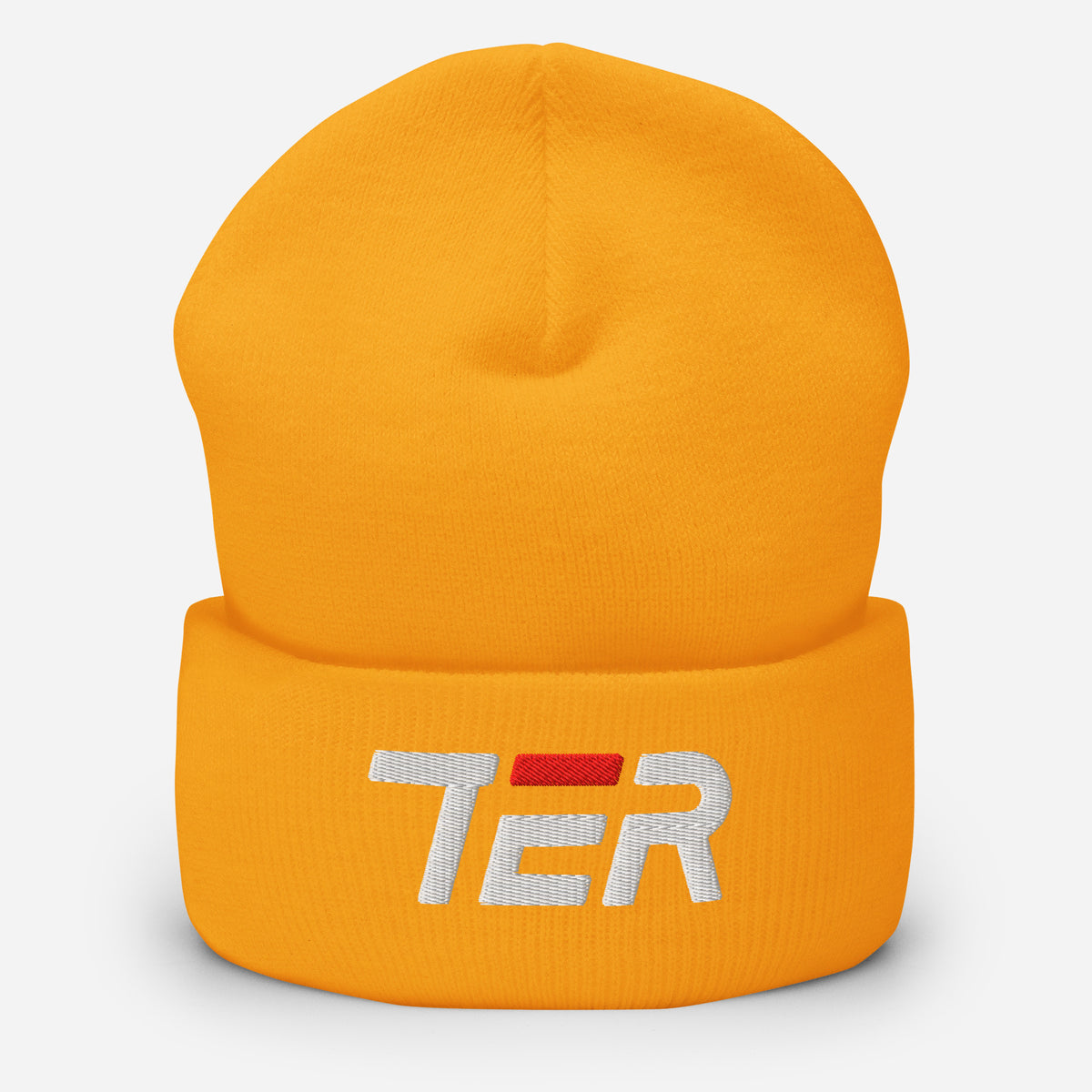 A bright yellow knit beanie hat with a folded cuff, featuring a white embroidered 'TER' logo with a small red accent on the letter 'E', set against a light gray background.