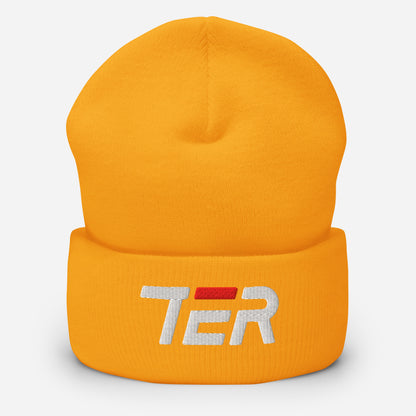A bright yellow knit beanie hat with a folded cuff, featuring a white embroidered 'TER' logo with a small red accent on the letter 'E', set against a light gray background.