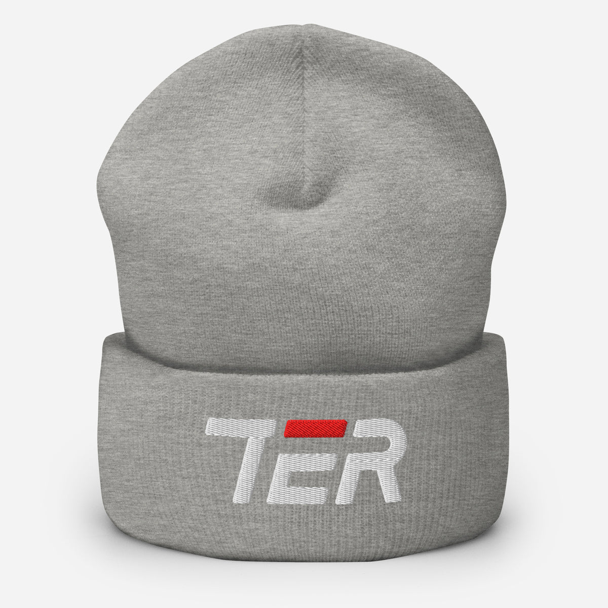 A heather gray knit beanie hat with a folded cuff, featuring a white embroidered 'TER' logo 