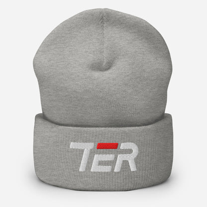 A heather gray knit beanie hat with a folded cuff, featuring a white embroidered 'TER' logo 