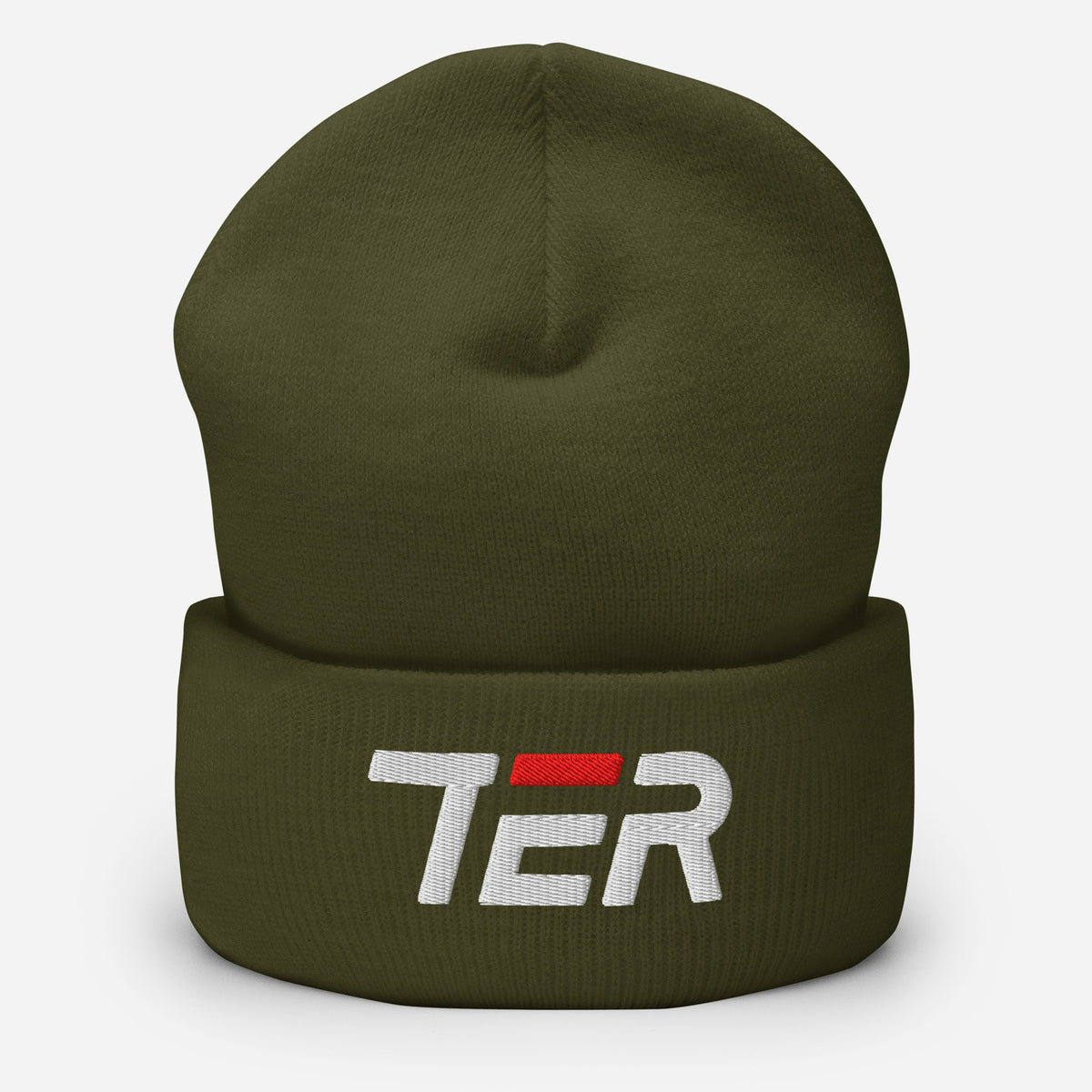 An olive green knit beanie hat with a folded cuff featuring a white embroidered 'TER' logo with a small red accent, shown on a light gray background.