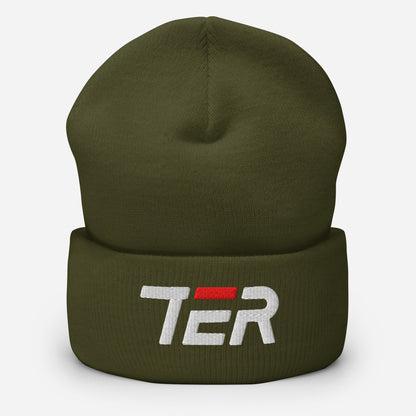 An olive green knit beanie hat with a folded cuff featuring a white embroidered 'TER' logo with a small red accent, shown on a light gray background.