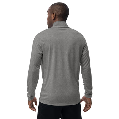Man wearing a gray long-sleeve shirt on a white background