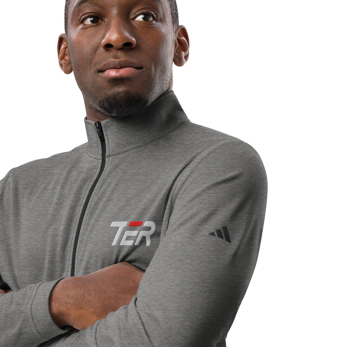 Man wearing a gray pull over  on a white background