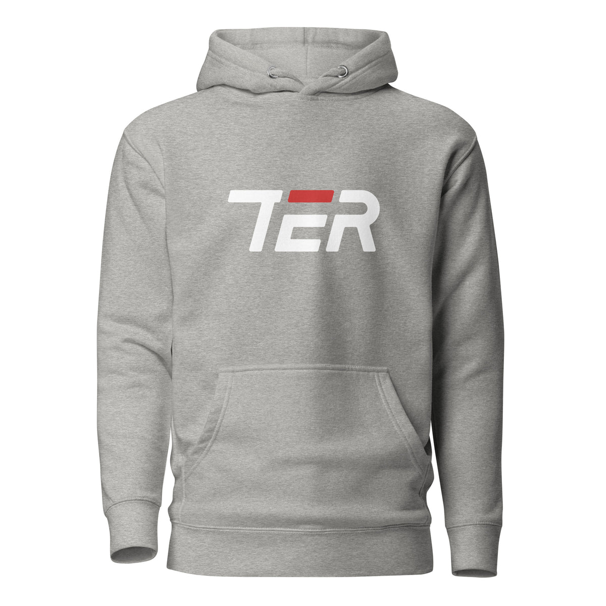 A heather gray pullover hoodie with a front kangaroo pocket and a stylized 'TER' logo printed across the chest in white with a red accent block.