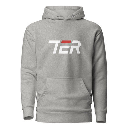 A heather gray pullover hoodie with a front kangaroo pocket and a stylized 'TER' logo printed across the chest in white with a red accent block.