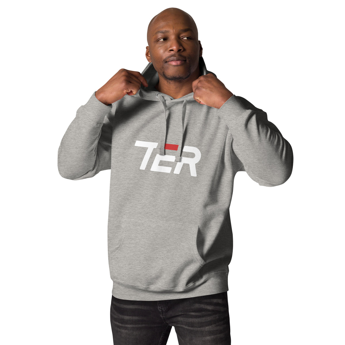 Man wearing a gray hoodie against a white background