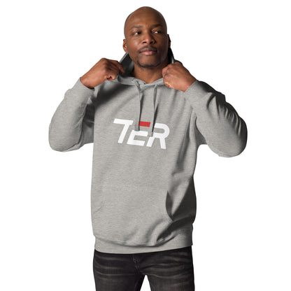 Man wearing a gray hoodie against a white background