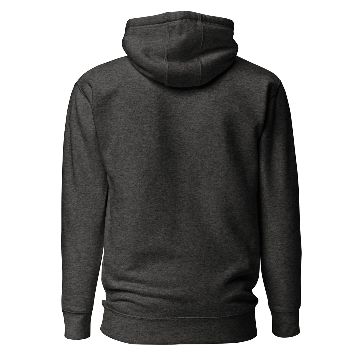 Charcoal hoodie shown from the back on a white background