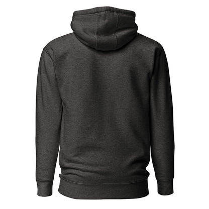 Charcoal hoodie shown from the back on a white background