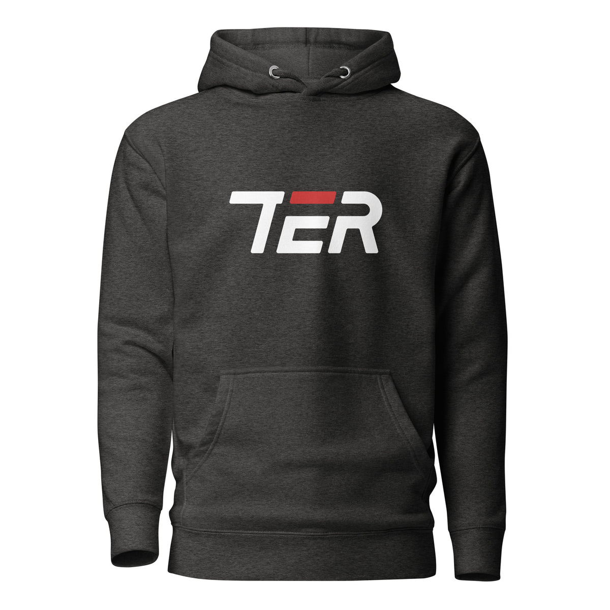 Charcoal hoodie with TER logo on a white background