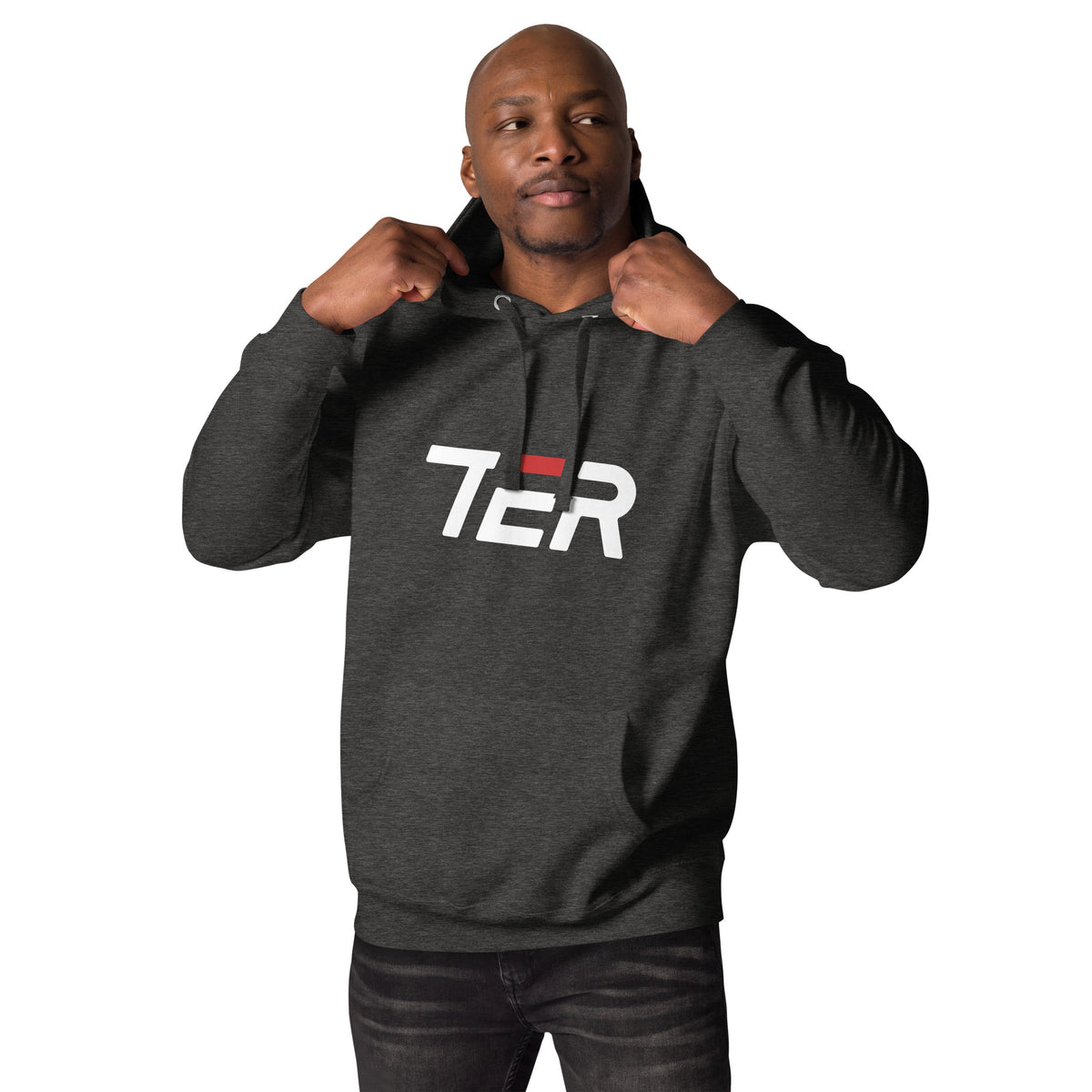 Man wearing a charcoal hoodie with a logo on a white background