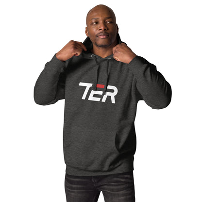 Man wearing a charcoal hoodie with a logo on a white background