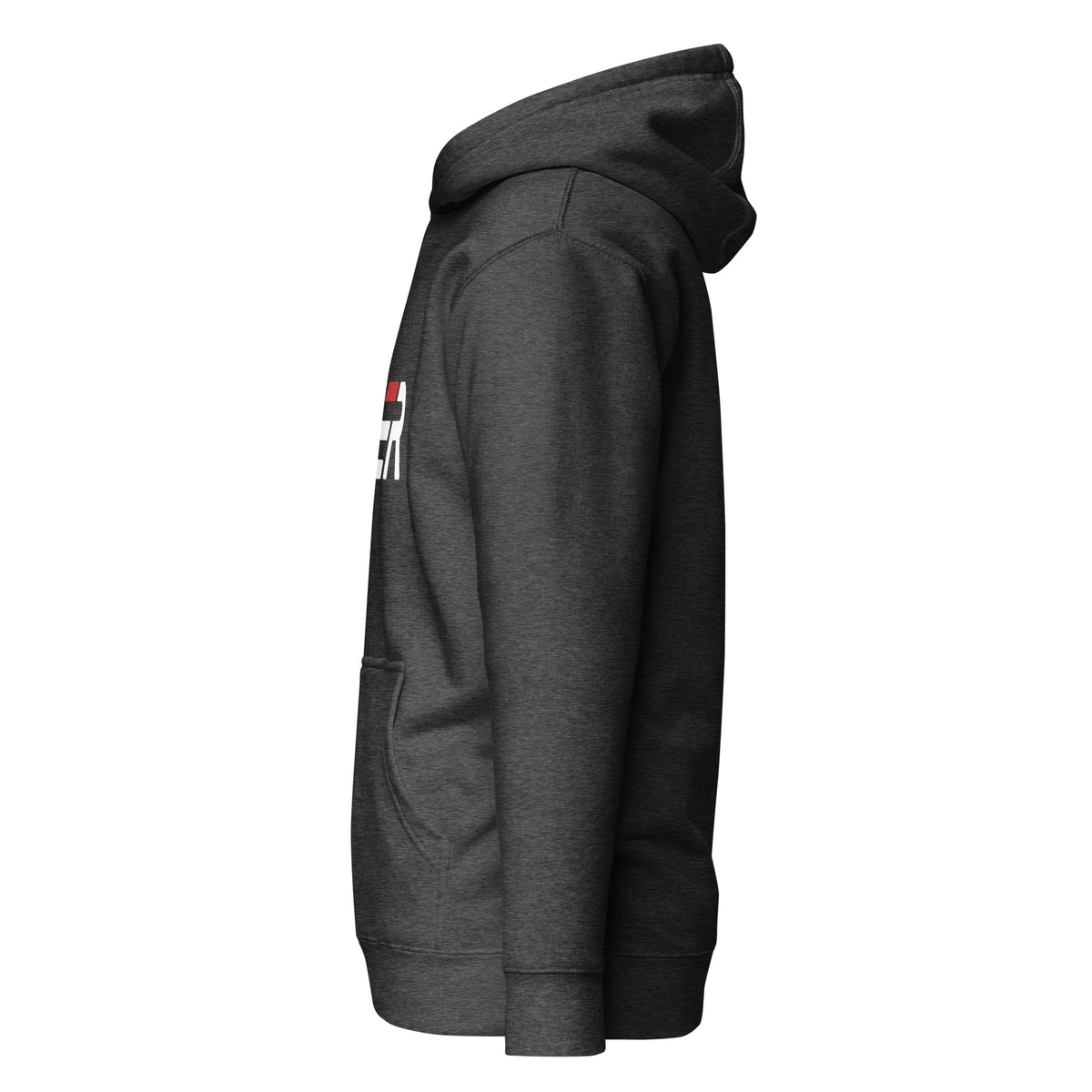 Gray hoodie with a logo on the chest against a white background