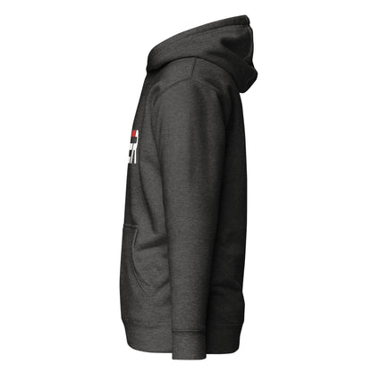 Gray hoodie with a logo on the chest against a white background