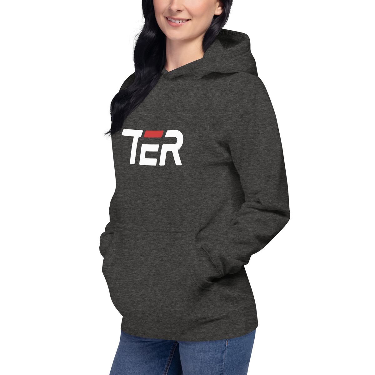 Person wearing a dark gray hoodie with 'TER' text on a white background