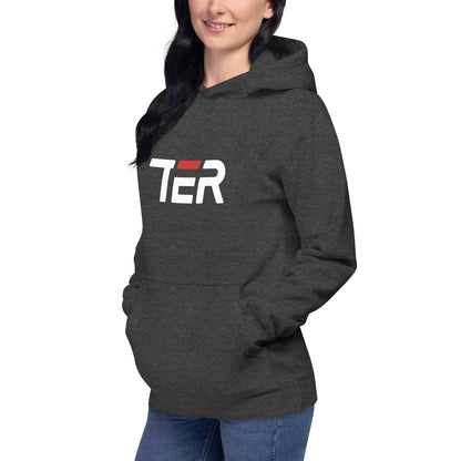 Person wearing a dark gray hoodie with 'TER' text on a white background