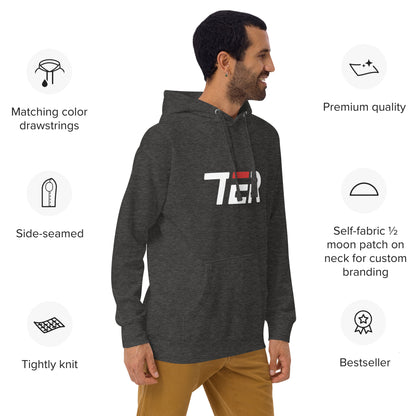 Man wearing a gray hoodie with a colorful graphic and text, standing against a white background with product features listed.