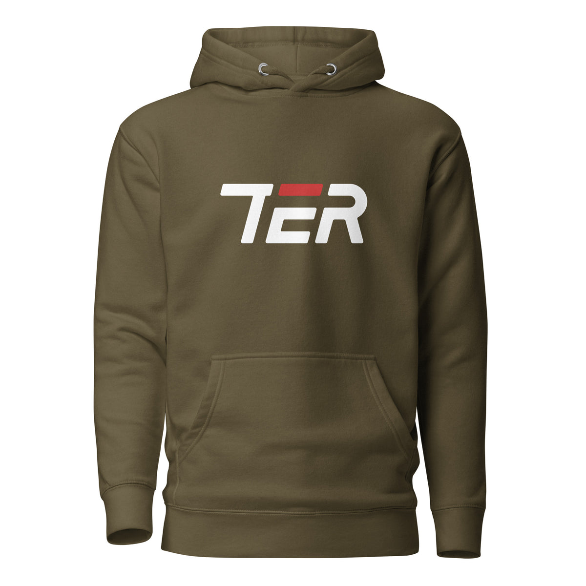 Military green hoodie with a lion graphic and text on a white background