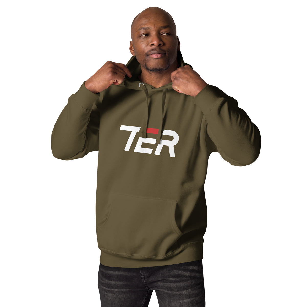 A man wearing an olive green pullover hoodie with a white and red 'TER' logo on the chest, posing with the hood up against a solid white background.