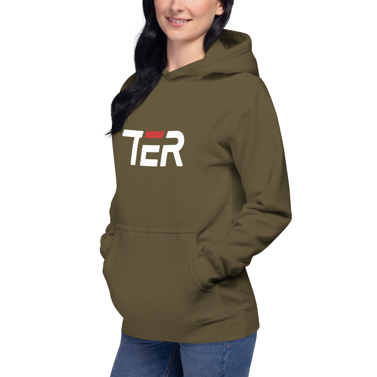 A woman wearing an military  green pullover hoodie with a white and red 'TER' graphic on the chest, paired with blue jeans, against a plain white background.