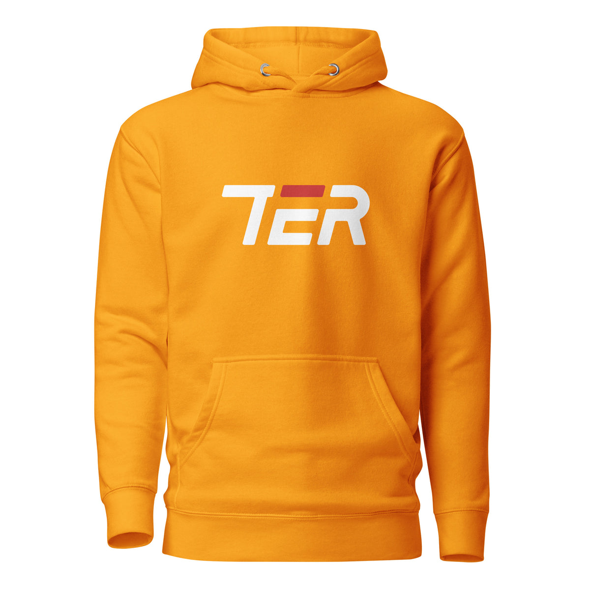 A  gold pullover hoodie with a front kangaroo pocket and a stylized 'TER' logo printed across the chest in white and red, shown on a plain white background.