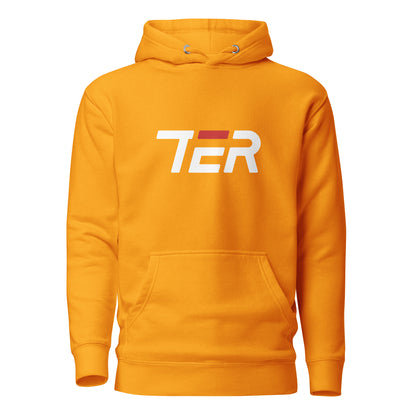 A  gold pullover hoodie with a front kangaroo pocket and a stylized 'TER' logo printed across the chest in white and red, shown on a plain white background.