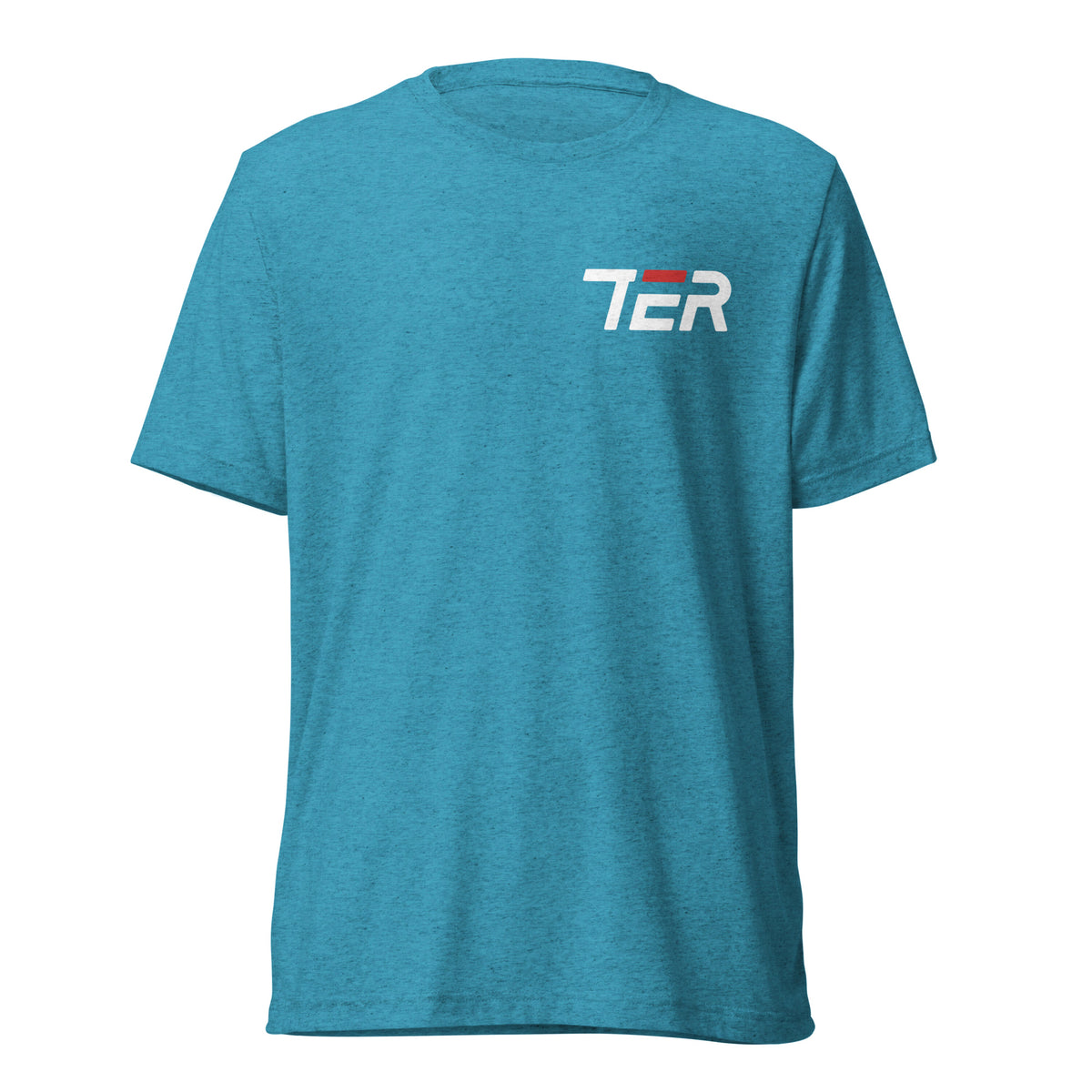 A heather teal blue short-sleeve crewneck t-shirt with a white and red 'TER' logo printed on the left chest, displayed on a solid white background.