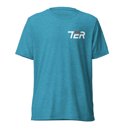 A heather teal blue short-sleeve crewneck t-shirt with a white and red 'TER' logo printed on the left chest, displayed on a solid white background.