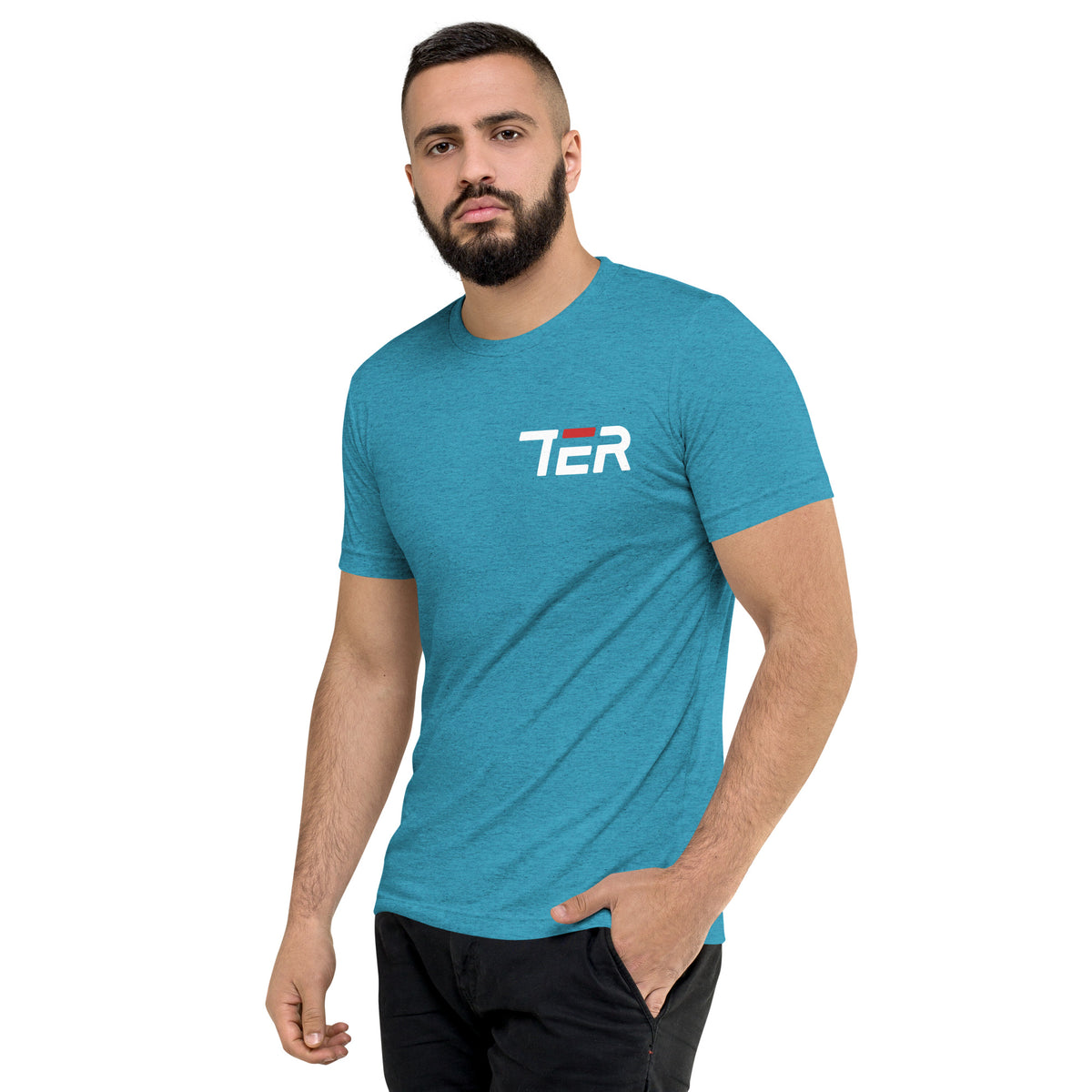 A aqua short-sleeve crewneck t-shirt with a white and red 'TER' logo printed on the left chest, displayed on a solid white background.