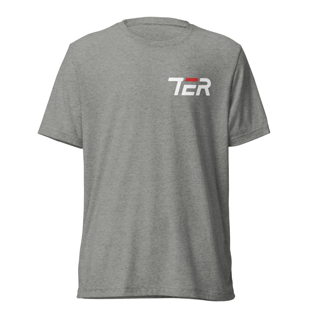 A heather gray short-sleeve crewneck t-shirt with a white and red 'TER' logo printed on the left chest, displayed on a solid white background.