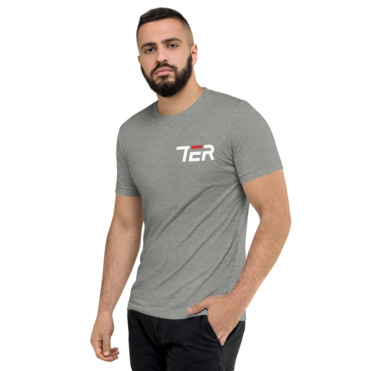 Man wearing a gray t-shirt with a logo on a white background