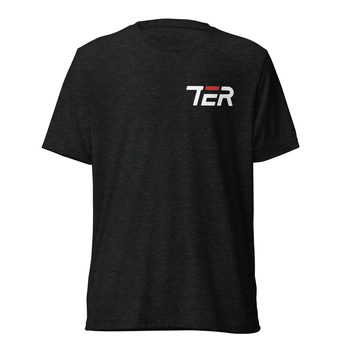 A black short-sleeve crewneck t-shirt with a white and red 'TER' logo printed on the left chest, displayed on a solid white background.