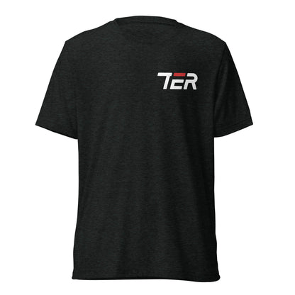 A black short-sleeve crewneck t-shirt with a white and red 'TER' logo printed on the left chest, displayed on a solid white background.