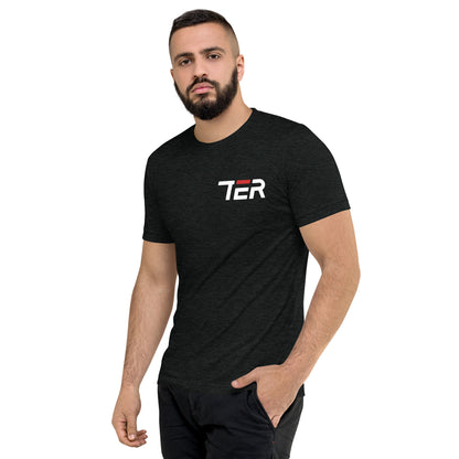 Man wearing a black t-shirt with a logo on a white background