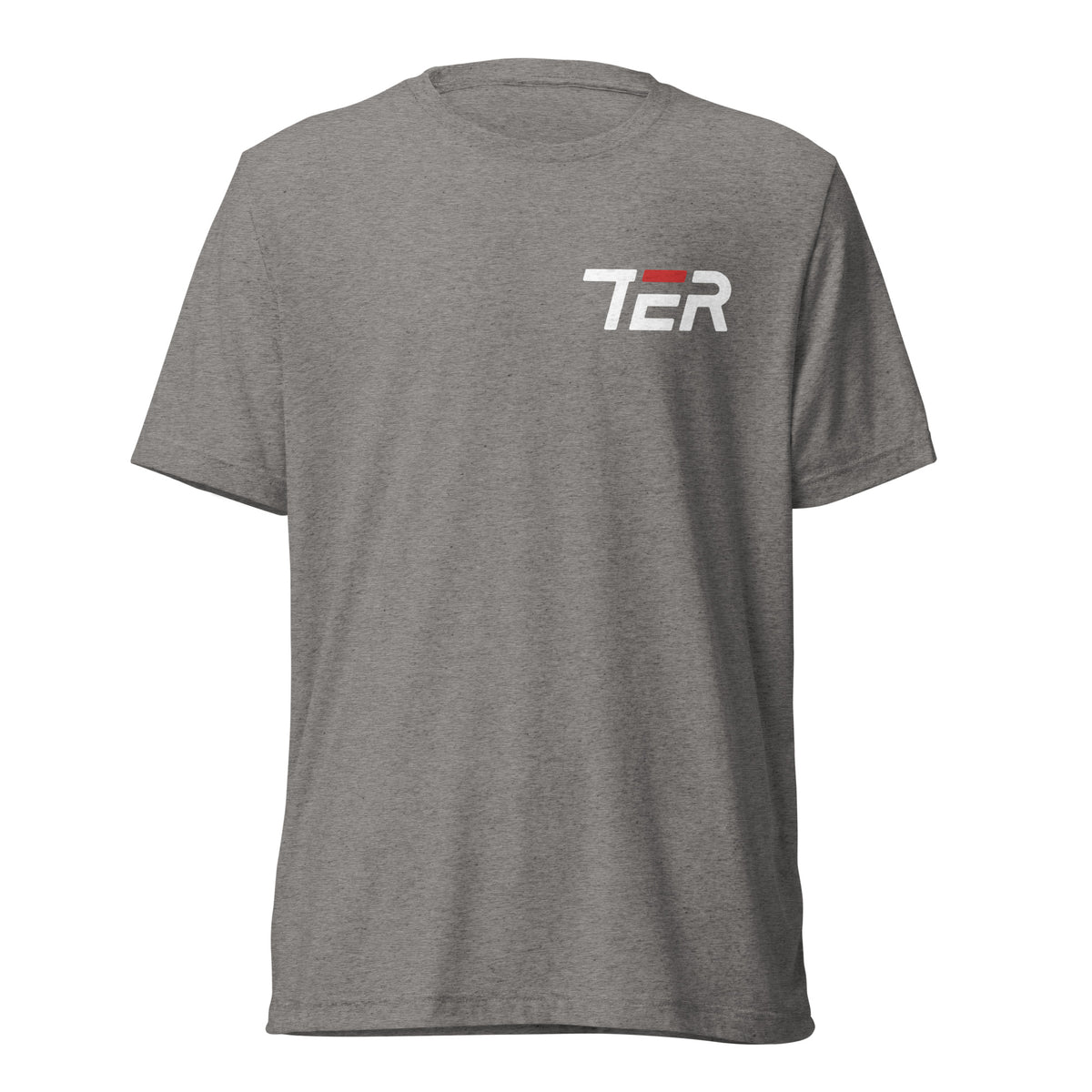 A heather gray short-sleeve crewneck t-shirt with a white and red 'TER' logo printed on the left chest, displayed on a solid white background.