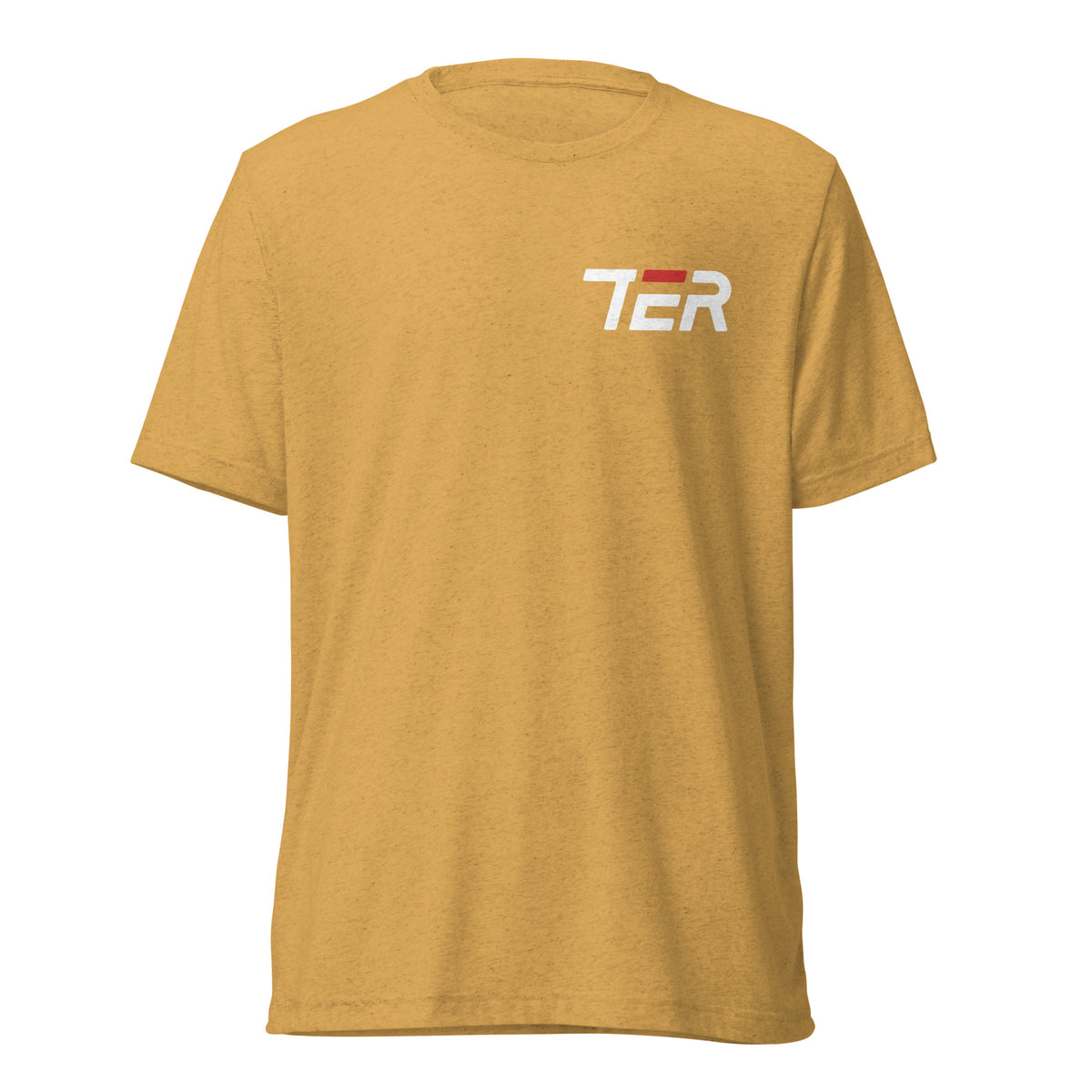 A heathered mustard yellow short-sleeve t-shirt with a white and red 'TER' logo printed on the left chest, displayed on a clean white background.