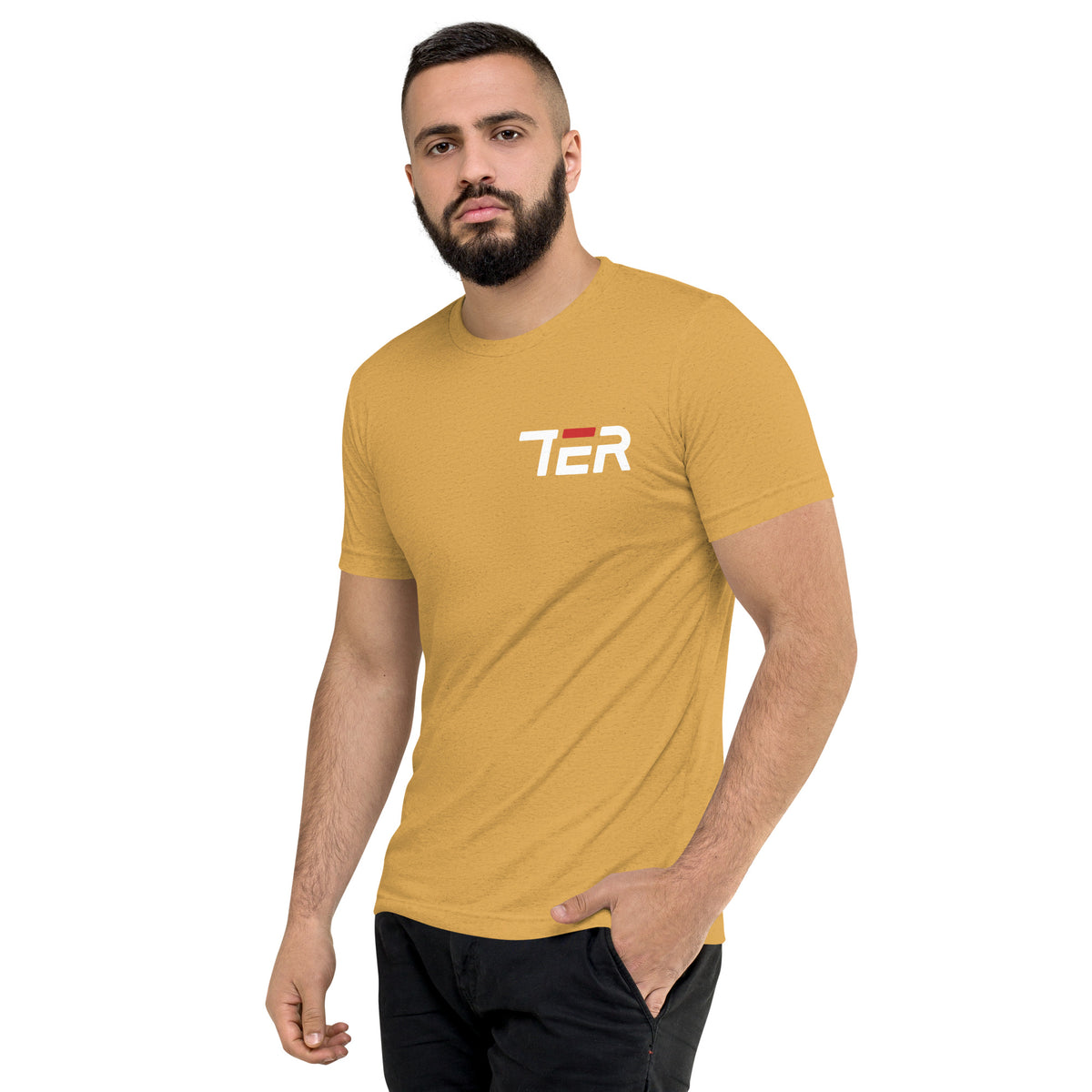 Man wearing a mustard yellow t-shirt with a logo on a white background