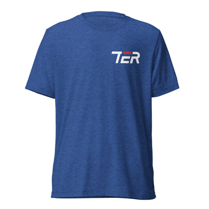 A heather blue short-sleeve t-shirt with a stylized 'TER' logo printed on the left chest in white and red, shown against a plain white background.